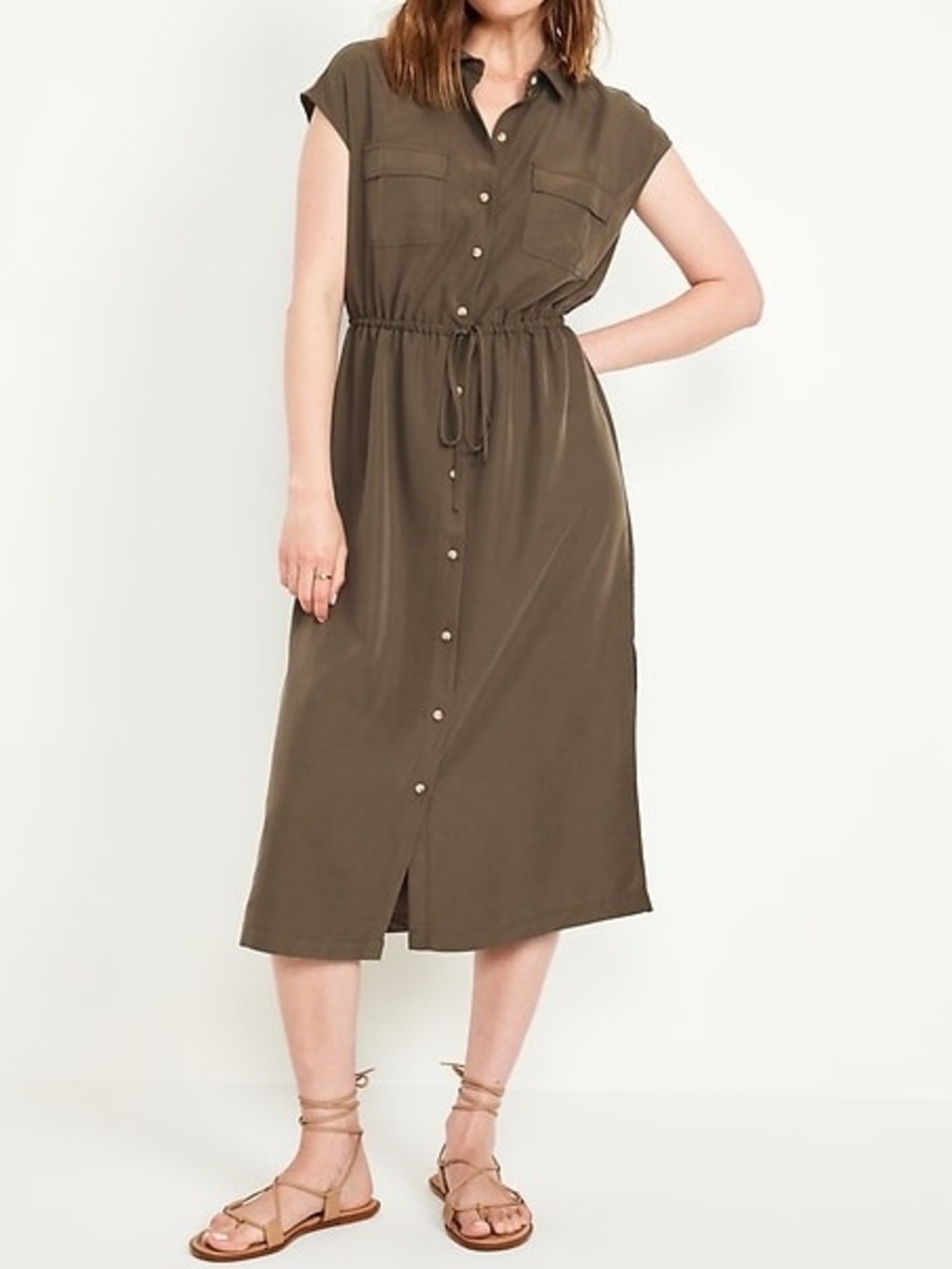 Old Navy Waist-Defined Utility Midi Shirt Dress in color Reishi size Small Tall